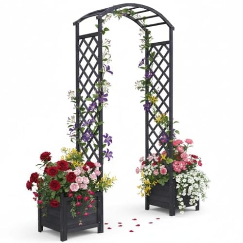 Mucola Rosenbogen Rankhilfe mit 2 Blumenkübeln 179x41x208 cm Schwarz Holz | Für Kletterpflanzen und Rosen, freistehend, mit Rankgitter, Drainage gegen Staunässe, als Torbogen und Pergola, Gartendeko