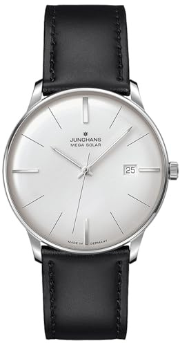 JUNGHANS Meister Mega Solar Herrenuhr Schwarz/Weiß 59/4603.02 | puristische Herren-Armbanduhr, Solaruhr für Männer mit schwarzem Lederband, edle Funkuhr mit Solar-Quarzwerk, Made in Germany
