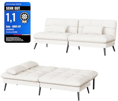 LUCKRACER Sofa 3 Sitzer Sofa Schlafsofa mit Schlaffunktion, überzug Futon Klappsofa, Bettcouch, ecksofa, Couch, 5 Verstellbare Winkel, Ideal für Wohnungen Wohnzimmer aus Stoff Cremeweiß