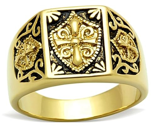 BOBIJOO JEWELRY - Ring Siegelring Herren Damen Stahl Gold Ende Schwarz E-Mail Templer Kreuz Wappen - 21 (11 US), Vergoldet - Edelstahl 316