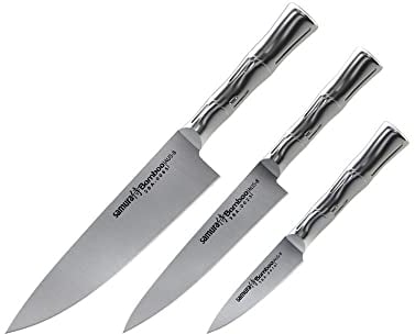 SAMURA Profi Messer Geschenk Set Ultra-scharf, aus japanisch AUS 8 Edelstahl, 18 cm Klinge, Stahl Handgriff, ergnomisch, rostfrei