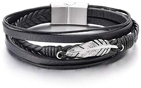 Edelstahl Feder Multi-strang Schwarz Geflochtene Lederarmband Armreif für Herren Damen
