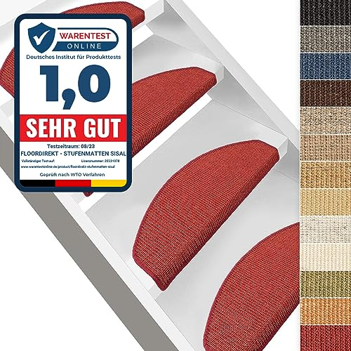 Floordirekt Sisal Stufenmatten rot innen 15 Stück halbrund, Treppenstufen Matten für Holztreppen, antirutsch Treppenteppich Selbsklebennd und Allergikerfreundlich (Maße ca. 64 x 23,5 cm)