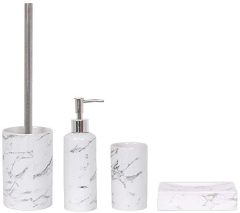 MSV Toscana - Juego de accesorios de baño (4 piezas, dispensador de jabón, escobilla, jabonera y vaso para cepillos de dientes, mármol), color blanco