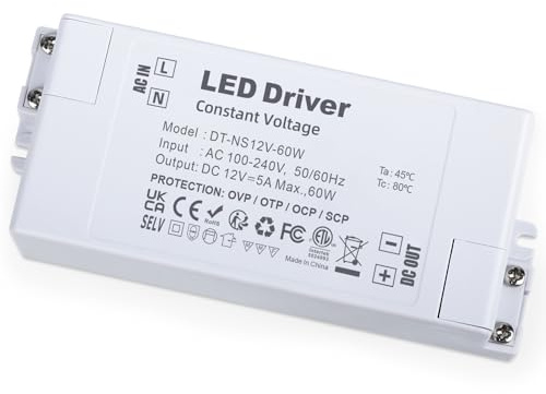YAYZA! LED Driver 12V 60W, Low Voltage Transformer 240V AC to 12V DC 5A, IP44 Constant Voltage Power Supply for 12 Volt LED Strip Lights Display MR16 G4 Bulbs CCTV