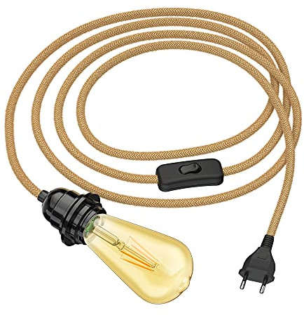 ledscom.de Hanfkabel LEKA mit Stecker, Schalter und E27 Fassung, inkl. E27 Lampe Vintage Retro gold extra-warmweiß 489lm