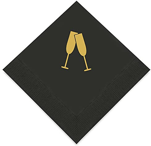 Weddingstar 3-Ply Gold Foil Cocktail Napkins Black - Champagne Flutes
