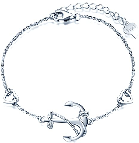 MicLee Bracelet elegant for womens and girls, 925 sterling silver bracelets, Classic anchor bracelet, link with mini heart, symbol of courage, protection and strength, adjustable chain, silver