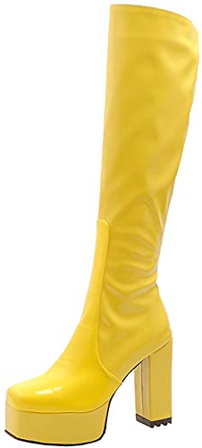 CUTEHEELS Lässige Plateau-Kniehohe Stiefel mit Klobigem Absatz und Eckiger Zehenpartie für Modische Damen (Gelb, 38EU)