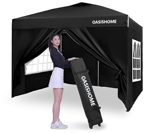 OASISHOME Pop-Up-Pavillon, sofortiges tragbares Überdachungszelt, 3 m x 3 m, mit 4 Seitenwänden, Fenstern, Rolltasche, für Terrasse/Outdoor/Hochzeitsfeiern und Veranstaltungen (3 m x 3 m, schwarz)