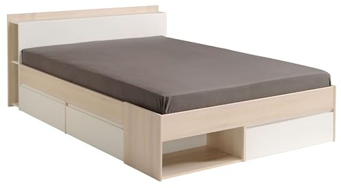 Miroytengo Cama de Matrimonio 135‑140×190/200 cm Acacia y Blanco con Almacenaje y Cajones