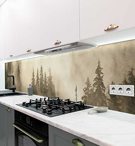 MyMaxxi Küchenrückwand selbstklebend – Matte, 0,4 mm Premium Spritzschutz Folie als günstige Alternative zu Glas, einfache Montage & leichte Reinigung – Motiv: Nebelverhüllter Wald B 80 cm x H 60 cm