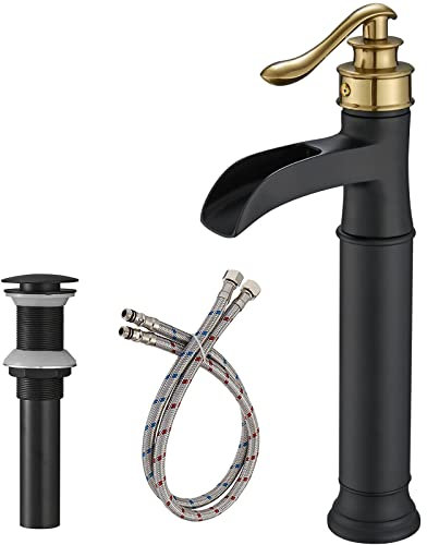 BATHLAVISH Robinet d'évier noir et doré, robinet de navire cascade, robinet de salle de bain haut, poignée unique trou unique, lavabo de ferme pour camping-car avec bonde pop-up sans trop-plein