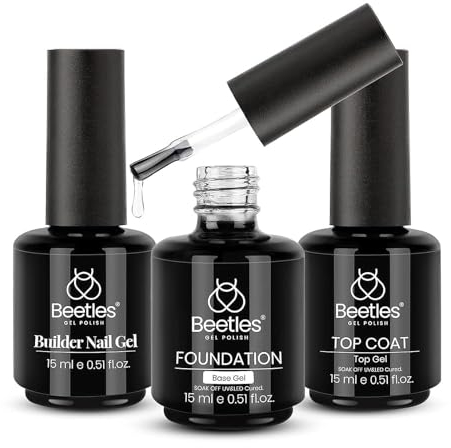 Beetles 3 Pcs 15ml No Wipe Gel Top Coat, Base Coat Set, Builder Nail Gel Shine Finish and Long Lasting, Soak Off LED Gel Base Top Coat Glossy Shine Finish Christmas Gifts