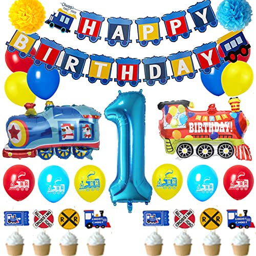 Zug 1.Geburtstag Dekorationen Jungen Zug, 1-Jahre alte Geburtstagsparty Zubehör mit Nummer 1 Folie Ballons Zug Geburtstag Banner, Latex Ballons, Kuchen Topper, für Kinder Zug Geburtstag