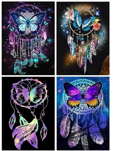 Diamond Painting Traumfänger 4 Stück 30x40cm Diamond Painting Bilder Traumfänger 5D Diamant Painting Bilder Erwachsene Kinder Cross Stitch Mosaikherstellung Steinchen Bilder Feder Schmetterling