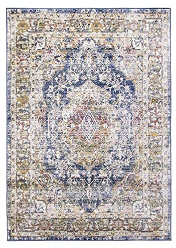 SrS Rugs Vintage Rugs for Living Room, Bedroom, Dining Room, Kitchen Room - Boho Distressed Traditional Faded Ikat Style Multicoloured Design Smooth Soft Low Pile (Blue, 240 x 330 cm)