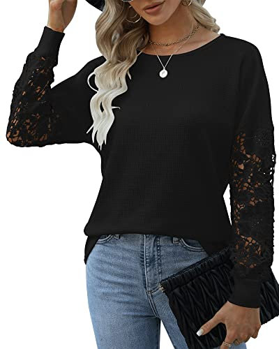 Hount Damen Spitzenärmel Bluse Elegant Longshirt Oversize Langarm Oberteil Pullover (XXL, Schwarz)