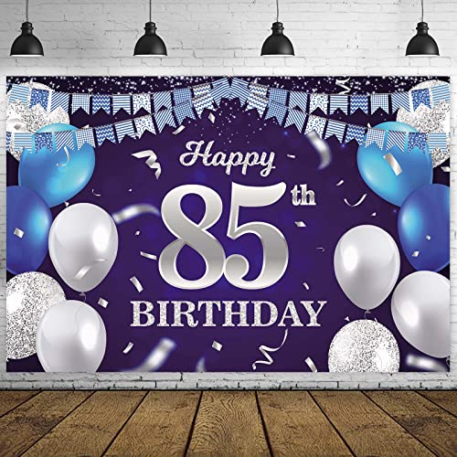 Happy 85th Birthday Banner Hintergrund Marineblau Luftballons Konfetti Streifen Flagge Lichtpunkte Cheers to 85 Years Old Thema Dekorationen Dekor für Frauen Männer 85. Geburtstag Party Tag Supplies
