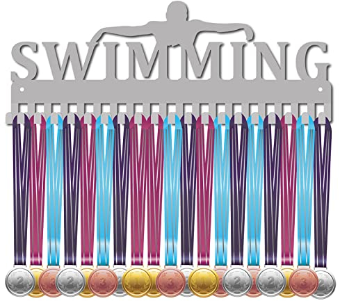 CREATCABIN Schwimmen Medaillenhalter Schwimmer Medaillen Aufhänger Auszeichnungen Ausstellungsständer Wandhalterung Dekoration Edelstahl Metall Für Zuhause Abzeichen 20 Haken Über 60 Medaillen Silbern