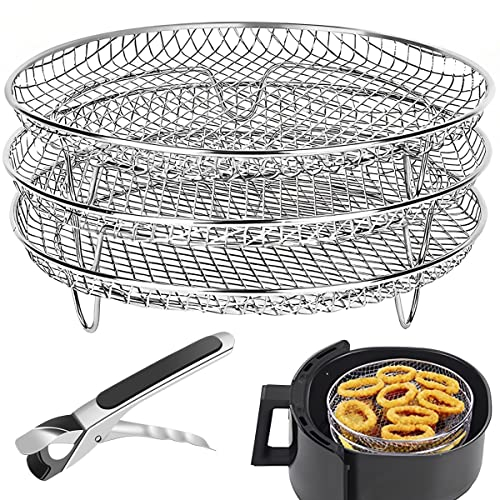 Air Fryer Racks for Ninja Air Fryer, Three Stackable Dehydrator Racks Stainless Steel Round Air Fryer Basket Tray Air Fryer Accessories Fit for Oven and Press Cooker Compatible with Most Air Fryer
