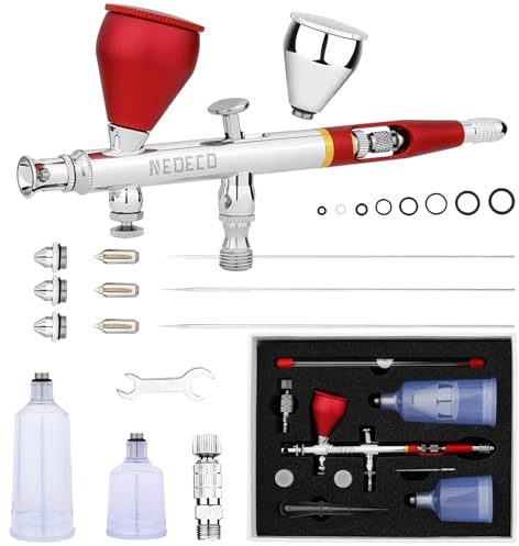 NEOECO SJ83 Airbrush, Self-Centring Plug-in Nozzle,0.2, 0.3 & 0.5mm Nozzle Sets and 1/3 oz Cup, Dual-Action Gravity Feed Airbrush with 1/3 oz,2/3 oz,4/3 oz Replacement Cups (RED)