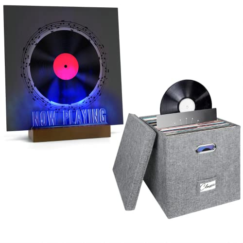Woodoulogy Vinyl Record Storage Box for 50+ Single LPs and Now Playing Lighting Vinyl Record Brown Stand