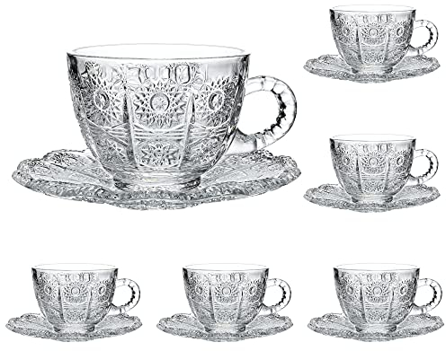 Set di 6 tazze da caffè in vetro con piattino, tazze da caffè trasparenti con manici, per latte, cappuccino, moka, cioccolata calda, tè, succo di frutta, bevande calde o ghiacciate, 198,4 g