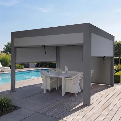 Mendler Pergola HWC-L46 mit Seitenwand 11cm-Alu-Gestell 3x4m - anthrazit | Gartenpavillon, Lamellen-Pavillon, Rollo, sturmfest