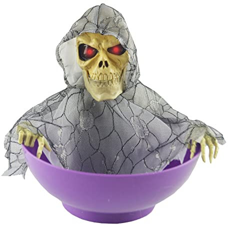JUOPZKENN Halloween-Süßigkeitsschale, Halloween-Süßigkeitsschalenhalter, Animiertes Skelett, Elektrisch Leuchtende Geisterschädel-Süßigkeitsschale mit Roten Augen und Gruseligem Sound für(Violett)