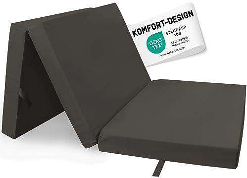 RelaxXL Klappmatratze Junior 190x60x7cm Anthrazit | Faltmatratze mit Tragegriff | Schlafmatte Schaumstoff 7 cm | Gästematratze 3-teilig | Bezug waschbar | Öko Tex 100 | Baumwoll-Polyestermix
