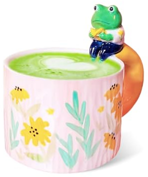 QILORYA Niedlicher Frosch Becher 450ml, Kawaii Rosa Keramik Kaffeebecher/Teetasse mit 3D Fisch innen, Neuheit handbemalte Tierbecher, lustige Geschenke für Tierliebhaber, Frauen, Männer.