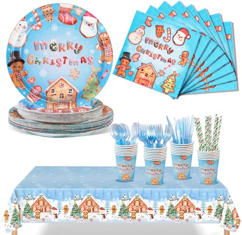 Nkaiso 193 Stück Weihnachten Geschirr Weihnachten Pappteller Partygeschirr Set Weihnachten Deko Set Mit Tellern, Geschirr, Tischdecken, Pappbecher, Für Weihnachten Party -24 Gäste