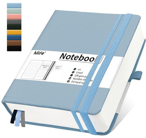 Mlife Notizbuch A4 Liniert,Dickes Notizbücher mit 360 nummerierten Seiten und 100g/M² Tintenfestes Papier,Hardcover Collegeblock, Tagebuch mit 2 Rücktasche für im Büro oder in der Schule(Hellblau)