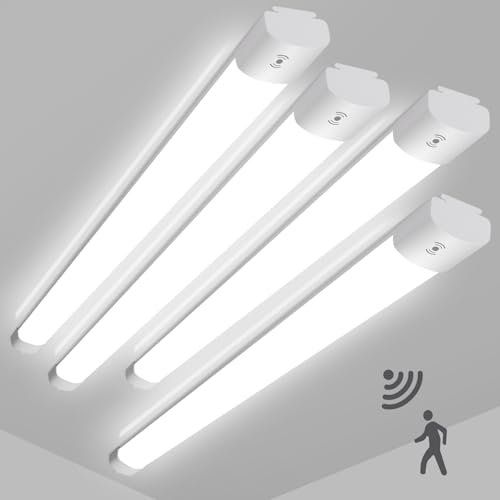 4 Stück 45W LED Feuchtraumleuchte mit Bewegungsmelder, 4950LM 150CM LED Röhre, IP65 Wasserdicht Kellerleuchte, Deckenlampe mit Bewegungsmelder für Büro Flur Treppe Garage Abstellraum, 4000K