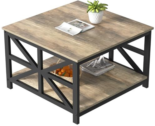 GreenForest Coffee Table with Storage for Living Room, Small Square Center Tables with Seamless One-Piece Tabletop Farmhouse Style, Grey Wash