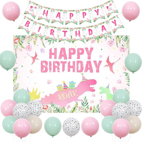 Fangleland Dinosaur Birthday Decorations Pink, Dinosaur Party Decor Sage Green Pink Happy Birthday Banner and Backdrop Balloons for Bday Party Supplies