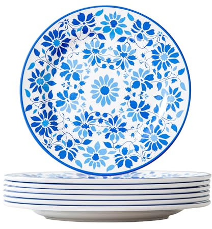 Unbreakable Salad Plates 6-Piece Melamine Blue and White Flora Plates Set, 8 Appetizer Dessert Plates, Break Resistant, Lightweight, Dishwasher Safe, Flower Plates for Tea Party Fruit Side Dishes