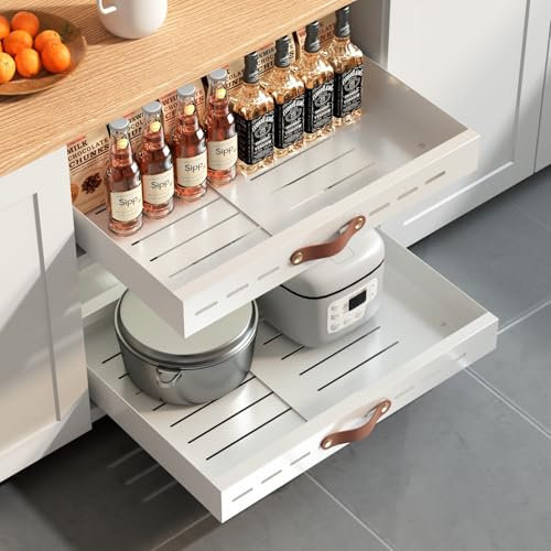 Livofloral Teleskopschublade, Ausziehbare Schublade Küchen, Verstellbare Breite Ausziehbarer Schrank Organizer, Kein Bohren, für Küche, Badezimmer Wohnzimmer, 30-50 x 40 x 6 cm, Weiß, 1 Stück