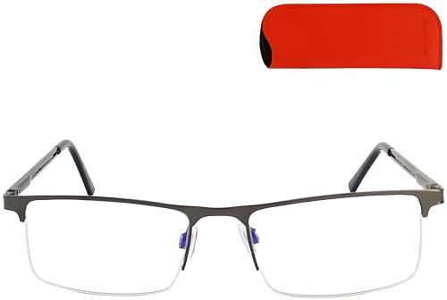 Metall Halbrand unten Anti Blaulicht Brille Lesebrille mit rechteckigen Gläsern, Gratis Etui, Edelstahl Brillengestell (Graphit), Blaulichtfilter Brille Herren und Damen 2.0 Dioptrien