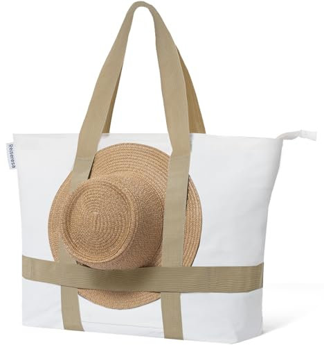 Reiseresa Strandtasche Damen Groß mit Reißverschluss XXL Badetasche Saunatasche Reisetasche Shopper für Strand Reisen Einkaufen Sport u.Arbeit, Strobeige (Weiß)