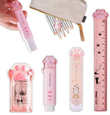 WHYCNJL Lot de 4 Articles Papeterie en Forme de Patte de Chat Mignonne, Taille-Crayon Kawaii, Gomme, Ruban Correcteur, Règle, pour Élèves de l'école