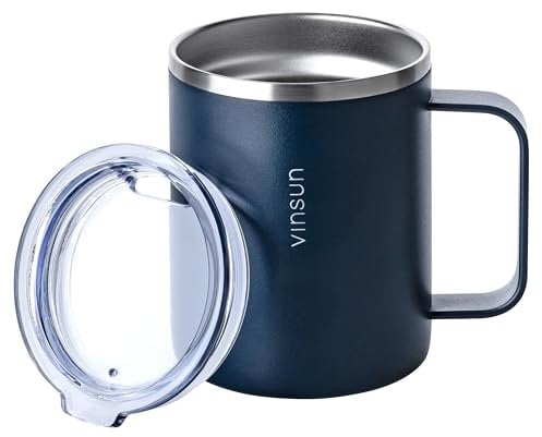 VINSUN Thermobecher mit Henkel 350ml - Deckel mit Trinköffnung - Edelstahl Kaffeebecher, doppelwandig isoliert - Isolierbecher für Camping, Büro