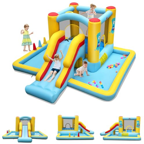 GOPLUS Château Gonflable Enfants Exterieur avec Toboggan, Trampoline, Panier de Basket, Aire de Jeux Gonflable Intérieur Extérieur,pour 2-3 Enfants 3-10 Ans, Charge 90KG (Monstre sans Souffleur)