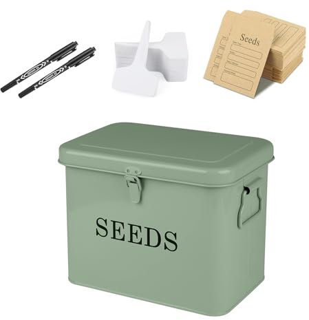 Xbopetda Seed Storage Box Organiser, Metal Garden Seed Tin with Side Handles and Lid, 3 Compartments & Safety Lock Seed Packet Container Seed Storage Container, Gardening Gifts for Gardeners (Green)