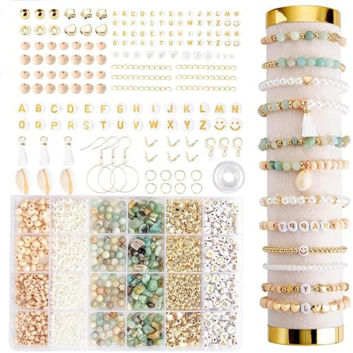 Euakee Natürliche Amazonit Perlen Edelstein Perlen Kit, Edelstein Perlen Perlen Set, DIY Armband Set, für DIY Armbänder Selber Machen Schmuck Halskette Ohrringe Kette für Kinder Erwachsene