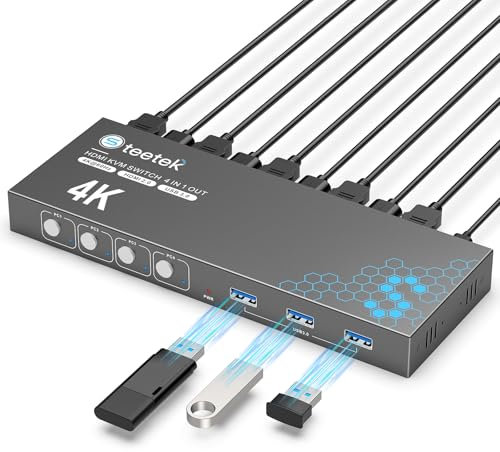 4 Port HDMI KVM Switch 4 PC 1 Monitor, USB 3.0 KVM Switch 4K@60Hz für 4 Computer teilen sich 1 Tastatur, Satz Maus, U-Disk und Drucker, mit 1 HDMI- und 3 USB-Kabeln, HDCP 2.2, Plug and Play