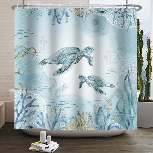 Kzzfqxb Rideaux de Douche 90x183cm, pour Enfants Motif Vie Marine Tortues de mer hippocampes et coraux en Polyester imperméable avec Crochets, décoration Bleu Clair pour Salle de Bain et Baignoire