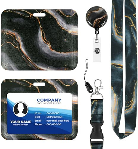 Porte Badge avec Cordon,Tour de Cou Badge avec Porte-Cartes,Porte Badge Enrouleur, Strap Neck avec Swivel Lobster Clasp pour Porte Badges d'Identification (Fluid Black Gold)