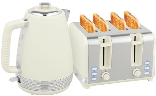 HOMCOM Wasserkocher Toaster Set Edelstahl 1,7L 2200 W 4-Scheiben Creme | Frühstück-Set, Wasserkocher mit Strix Thermostat, Toaster, 7 Bräunungsstufen, Krümelfach, Auftauen, Aufwärmen